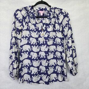 Lilly Pulitzer Elsa Pullover Blouse XS Blue White Elephant 100% Silk Beach Boho